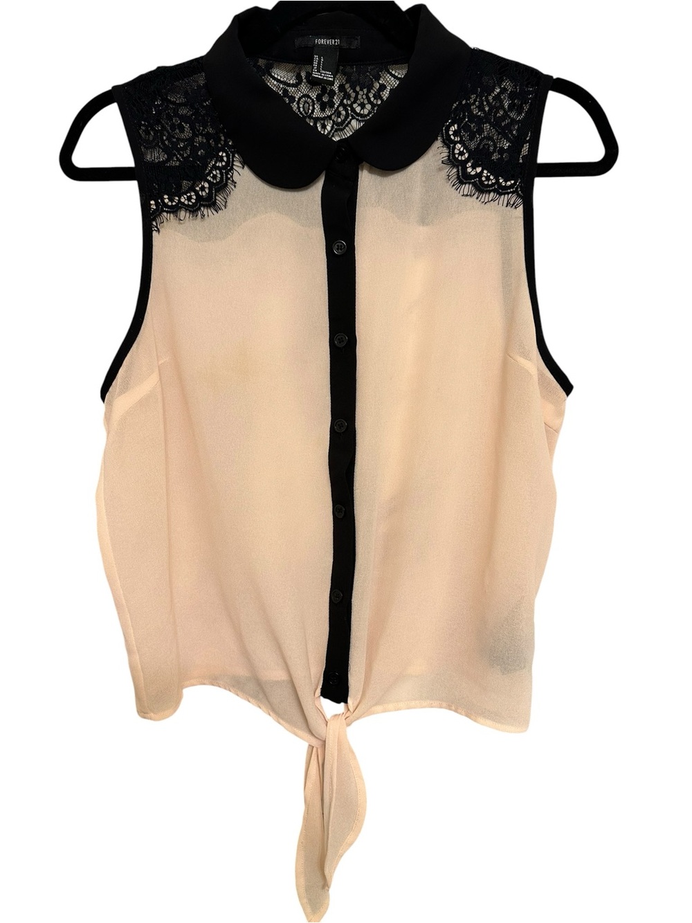 Forever 21 Black Lace Sheer Blush Top - L